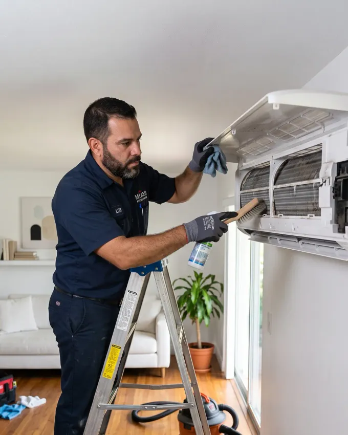 Air conditioning deep cleaning in Costa Rica — technician cleaning AC compressor and coils for healthy indoor air