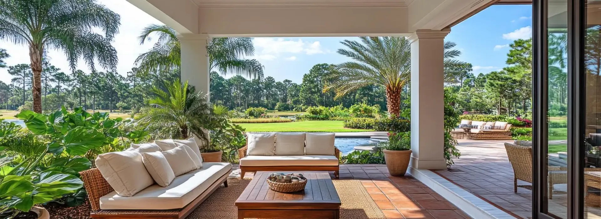 Well-maintained villa interior in Costa Rica with tiled floors and open doorway to tropical garden
