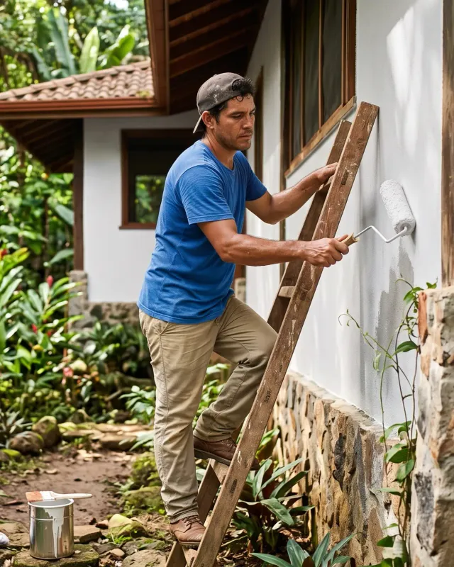 Exterior and structural maintenance Costa Rica — freshly painted villa exterior with clean gutters and a treated wood deck
