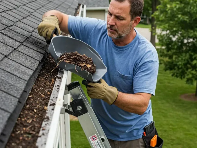 Gutter cleaning on a Costa Rica villa — debris removal from roof gutters before the rainy season