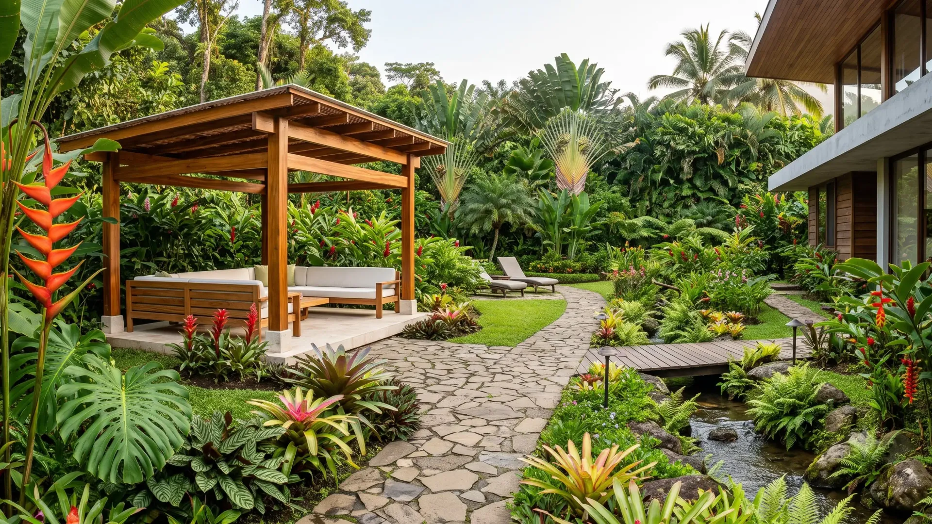 Freshly maintained tropical garden beside a villa in Santa Teresa Costa Rica — trimmed edges and cleared paths